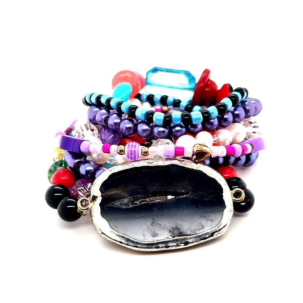 Eclectic Beaded Stretch Bracelet Set 8pc Multi Color Pearl Geode Focal Boho